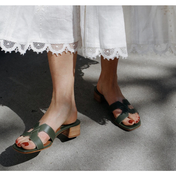 MARGAUX The MX 35 Olive Calf Leather Block Heel Sandals Size 11 - Picture 2 of 11